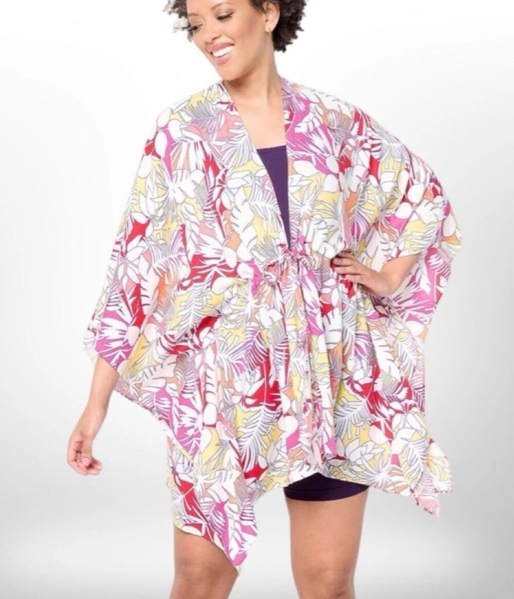 Lands End Tie Waist Kimono Multi Palm One size cover up vacation cape wrap